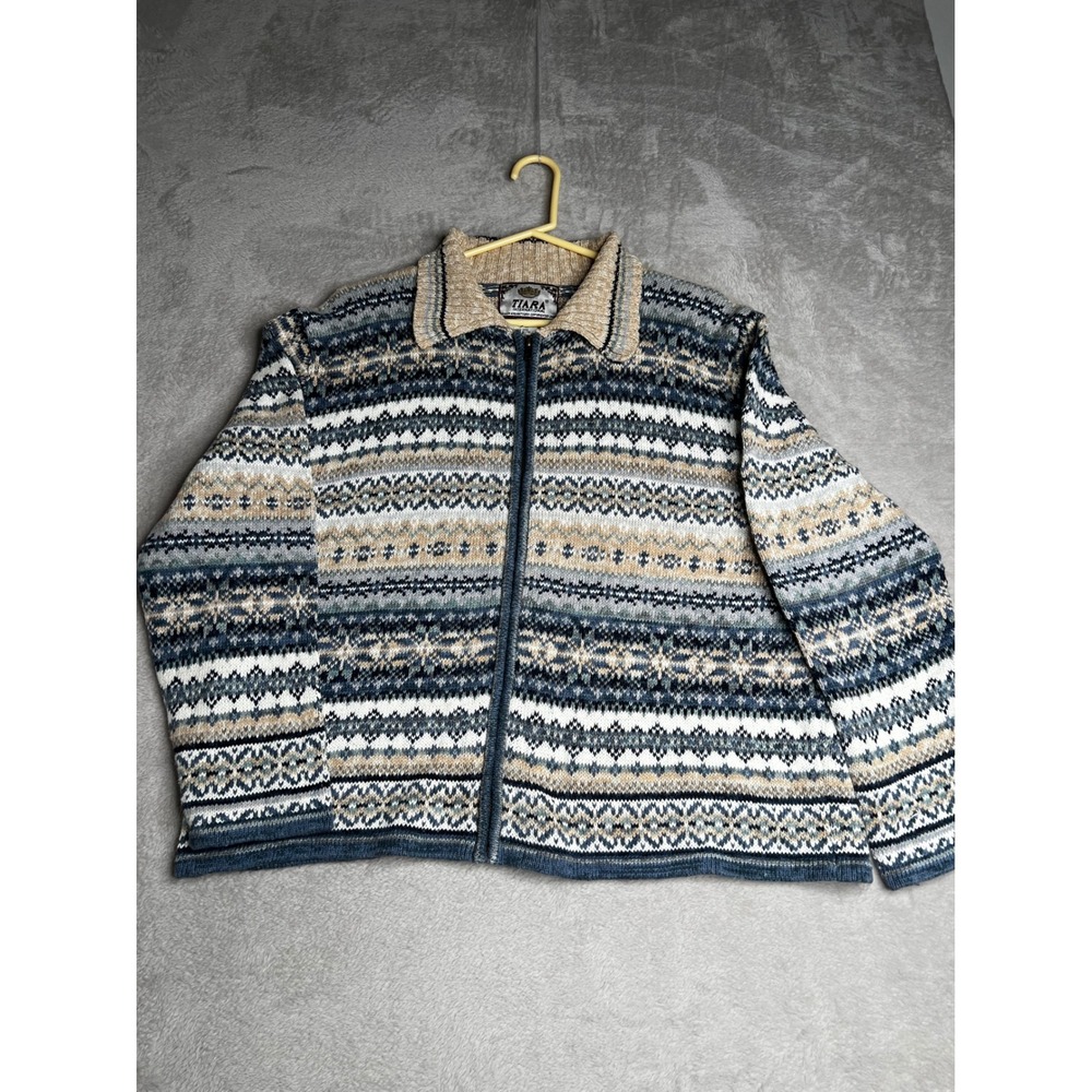 Tiara International Vintage Fair Isle Zip Up Cardigan Sweater Blue Tan XL‎ 2001